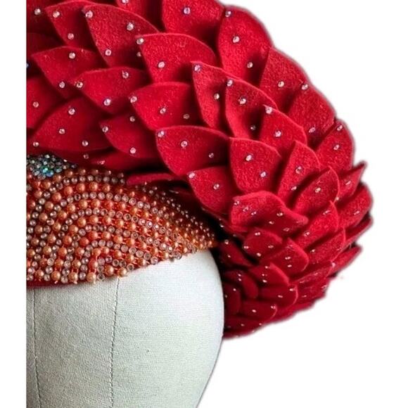 Vtg George Zamaul Couture Glamour Hat Red Rhinestone African Nigerian Beaded main image 5